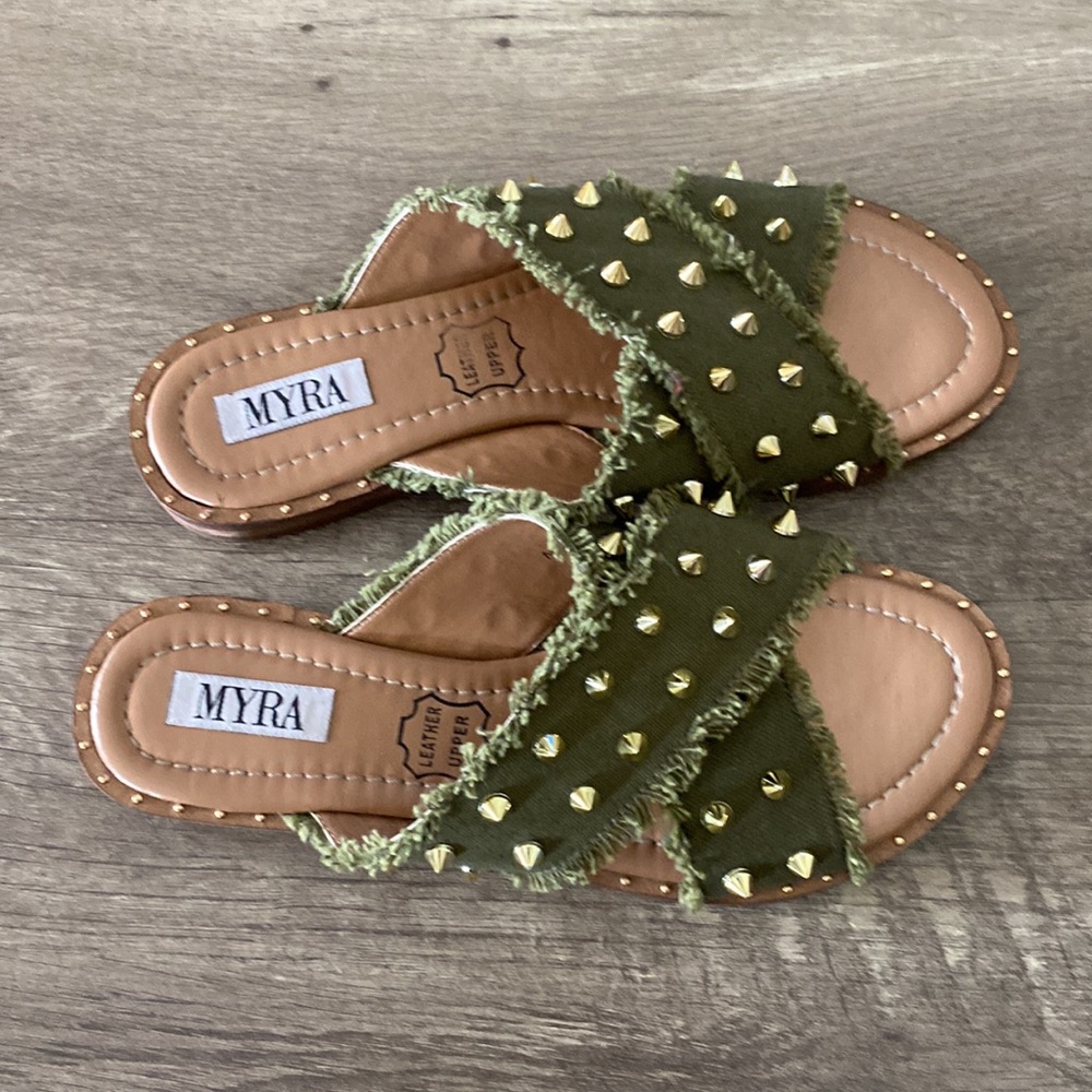 Myra Bag Olive Green Studded Slide Sandals - Picture 2 of 5
